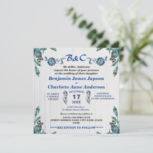 Rustieke botanische monogram aangepaste trouwdag kaart (Staand voorkant)