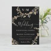 Rustieke Botanische Monogram Zwart Bruiloft Kaart (Staand voorkant)