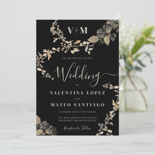 Rustieke Botanische Monogram Zwart Bruiloft Kaart (Staand voorkant)