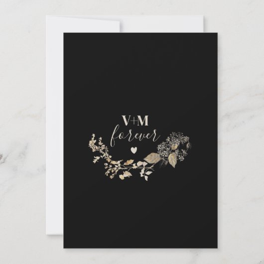 Rustieke Botanische Monogram Zwart Bruiloft Kaart (Achterkant)