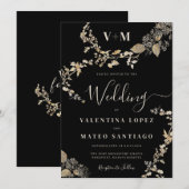 Rustieke Botanische Monogram Zwart Bruiloft Kaart (Voorkant / Achterkant)