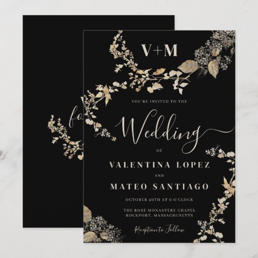Rustieke Botanische Monogram Zwart Bruiloft Kaart (Voorkant / Achterkant)