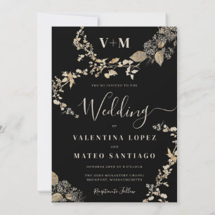 Rustieke Botanische Monogram Zwart Bruiloft Kaart