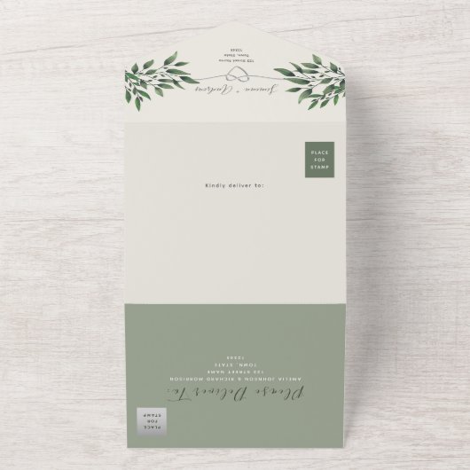 Rustieke botanische olijfgroene bruiloft all in one uitnodiging (Buitenkant)