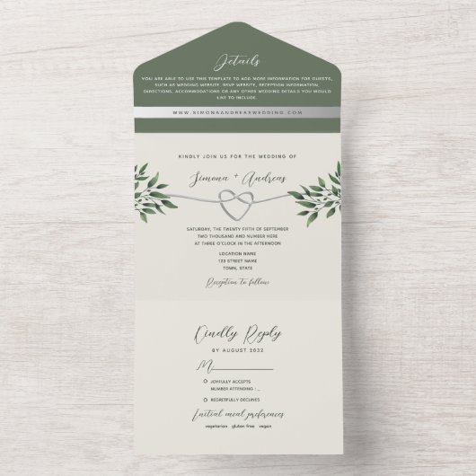 Rustieke botanische olijfgroene bruiloft all in one uitnodiging (Binnen)