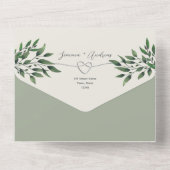 Rustieke botanische olijfgroene bruiloft all in one uitnodiging (Achterkant)