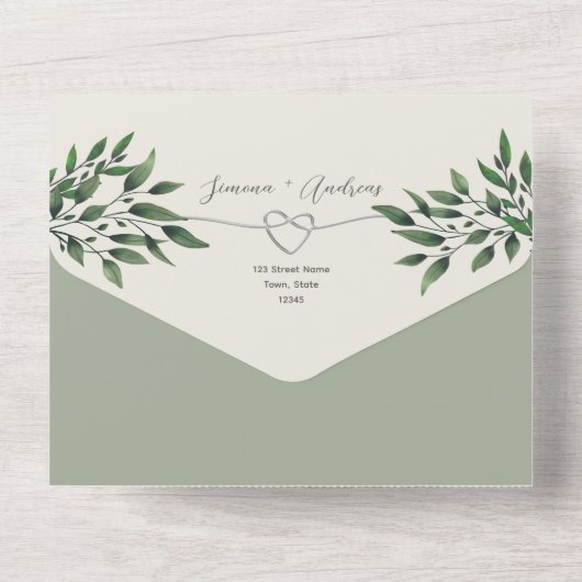Rustieke botanische olijfgroene bruiloft all in one uitnodiging (Achterkant)