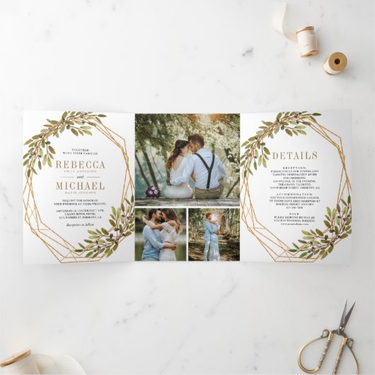 Rustieke Botanische Olijftak Goud Lijst Bruiloft Drieluik Uitnodiging (Binnen)