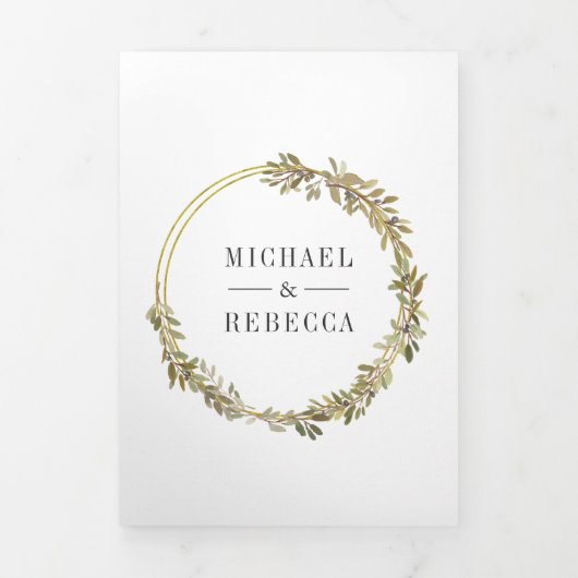 Rustieke Botanische Olijftak Goud Lijst Bruiloft Drieluik Uitnodiging (Cover)