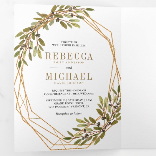 Rustieke Botanische Olijftak Goud Lijst Bruiloft Drieluik Uitnodiging (Binnenzijde eerst)