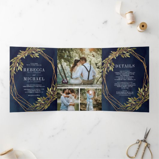 Rustieke Botanische Olijftak Marine Blauwe Bruilof Drieluik Uitnodiging (Binnen)