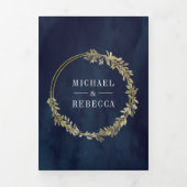 Rustieke Botanische Olijftak Marine Blauwe Bruilof Drieluik Uitnodiging (Cover)