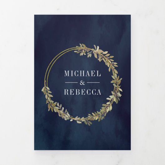 Rustieke Botanische Olijftak Marine Blauwe Bruilof Drieluik Uitnodiging (Cover)