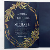 Rustieke Botanische Olijftak Marine Blauwe Bruilof Drieluik Uitnodiging (Binnenzijde eerst)