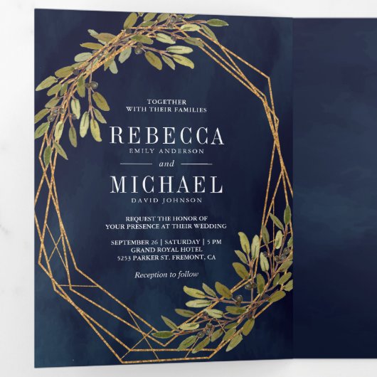 Rustieke Botanische Olijftak Marine Blauwe Bruilof Drieluik Uitnodiging (Binnenzijde eerst)
