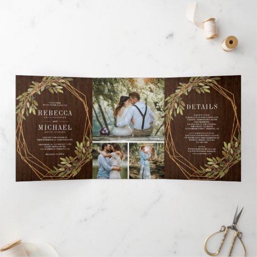 Rustieke Botanische Olijftak Schuur Houten Bruilof Drieluik Uitnodiging (Binnen)