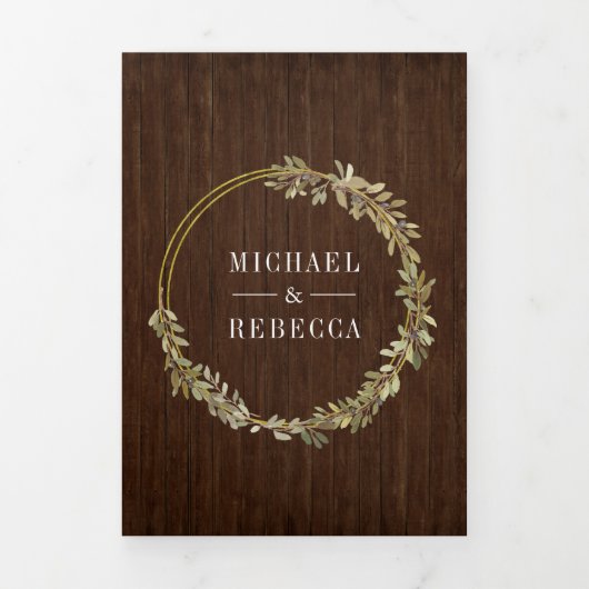 Rustieke Botanische Olijftak Schuur Houten Bruilof Drieluik Uitnodiging (Cover)