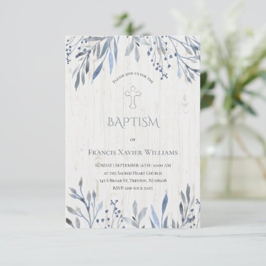 rustieke botanische ontwerp doopsel uitnodiging (Staand voorkant)