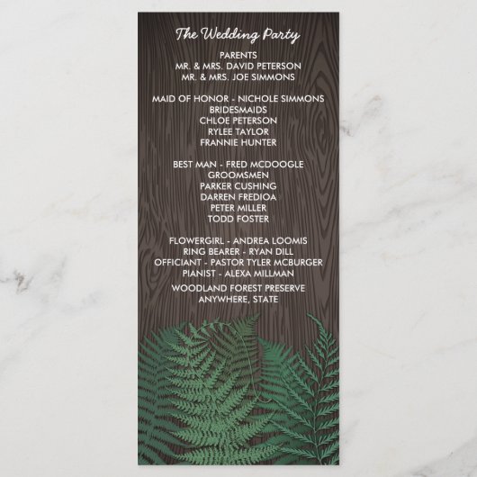 Rustieke Botanische Varen Woodland Trouwprogramma' Programmakaart (Achterkant)