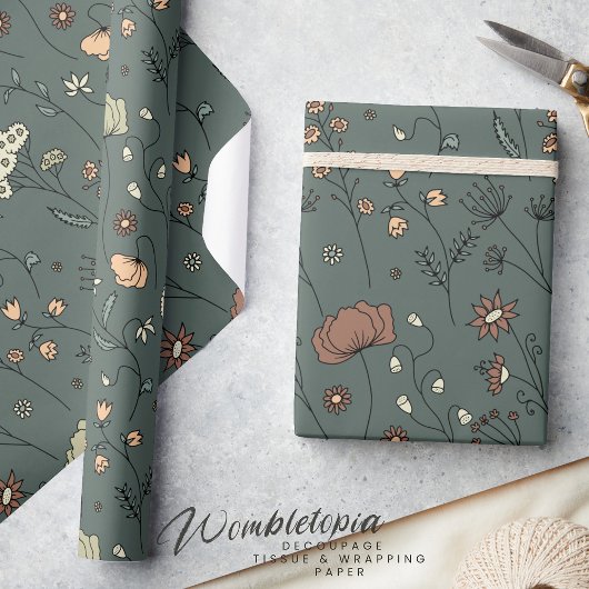 Rustieke Botanische Wildbloemen in Sage Groene Per Cadeaupapier