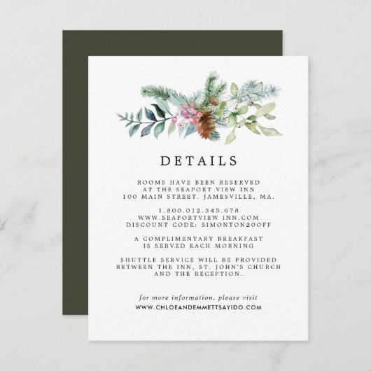 Rustieke Botanische Winter Bruiloft Gast Details Informatiekaartje (Voorkant / Achterkant)