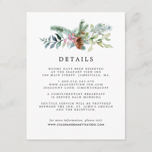 Rustieke Botanische Winter Bruiloft Gast Details Informatiekaartje (Voorkant)