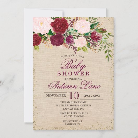 Rustieke Bourgogne Bloemen Baby shower Invitation Kaart (Voorkant)