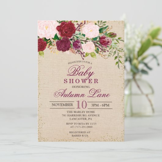 Rustieke Bourgogne Bloemen Baby shower Invitation Kaart (Staand voorkant)