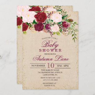 Rustieke Bourgogne Bloemen Baby shower Invitation Kaart