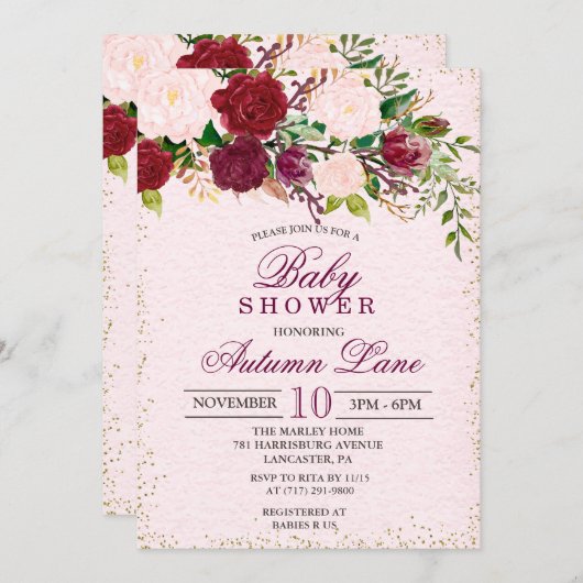 Rustieke Bourgogne Bloemen Baby shower Invitation Kaart (Voorkant / Achterkant)