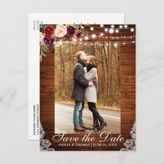 Rustieke Bourgogne Bloemen Bewaar de Datum Terug T Aankondigingskaart (Voorkant / Achterkant)