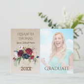 Rustieke Bourgogne Bloemen Burlap Foto Afstuderen Kaart (Staand voorkant)