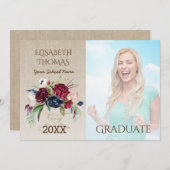 Rustieke Bourgogne Bloemen Burlap Foto Afstuderen Kaart (Voorkant / Achterkant)