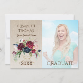 Rustieke Bourgogne Bloemen Burlap Foto Afstuderen Kaart
