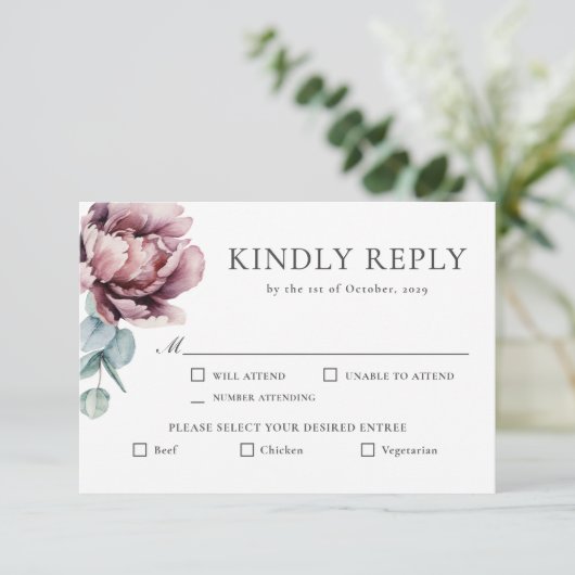 Rustieke Bourgogne Bloemen Fall Wedding RSVP (Staand voorkant)