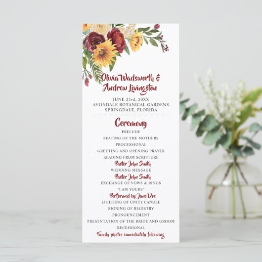 Rustieke Bourgogne Bloemen Geel Zonnebloemen Bruil Programmakaart (Staand voorkant)