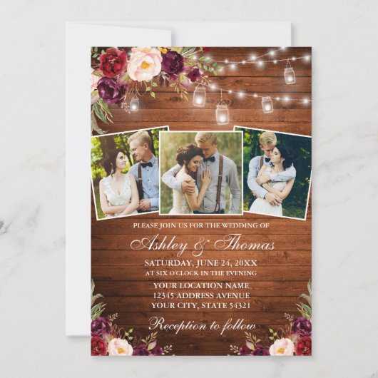 Rustieke Bourgogne Bloemen Hout 3 Foto Lichten Bru Kaart (Voorkant)