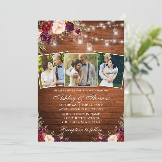 Rustieke Bourgogne Bloemen Hout 3 Foto Lichten Bru Kaart (Staand voorkant)