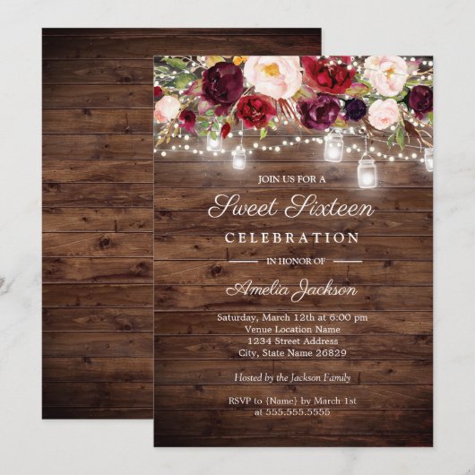 Rustieke Bourgogne Bloemen Lichten 16e Sweet Sixte Kaart (Voorkant / Achterkant)