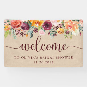 Rustieke Bourgogne Bloemen op Kraft Look Welkom Spandoek