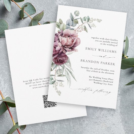 Rustieke Bourgogne Bloemen QR Code Fall Wedding Kaart