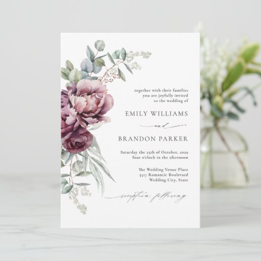 Rustieke Bourgogne Bloemen QR Code Fall Wedding Kaart (Staand voorkant)