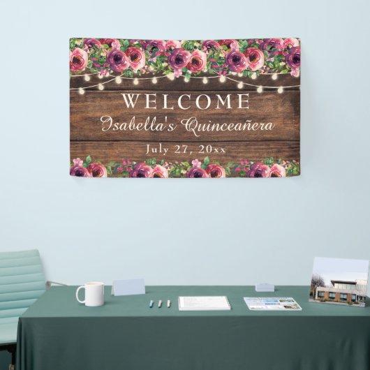 Rustieke Bourgogne Bloemen Quinceañera Welkom Spandoek (Beurs)