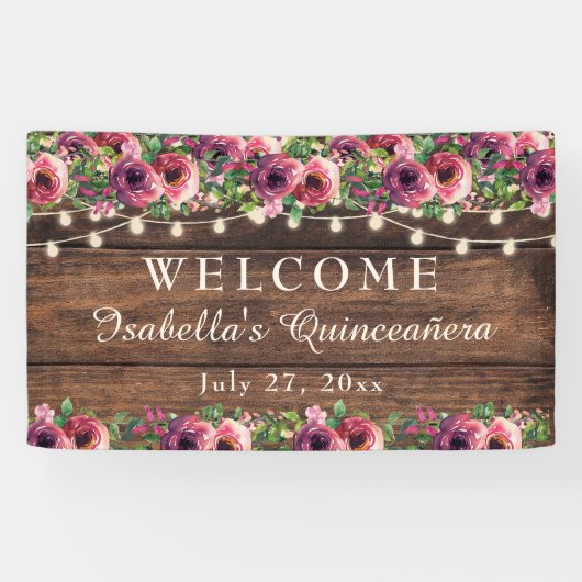 Rustieke Bourgogne Bloemen Quinceañera Welkom Spandoek (Horizontaal)