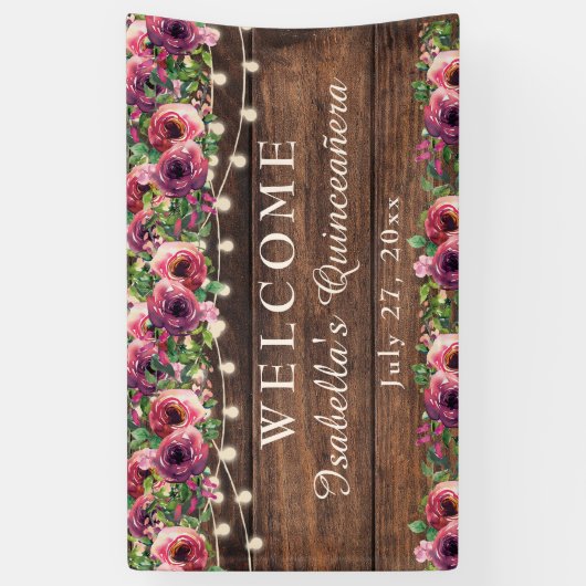Rustieke Bourgogne Bloemen Quinceañera Welkom Spandoek (Verticaal)