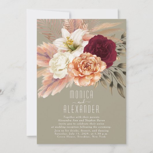 Rustieke Bourgogne Bloemen Receptie Uitnodigen Kaart (Voorkant)
