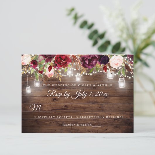 Rustieke Bourgogne Bloemen String Lights Wedding R Kaart (Staand voorkant)