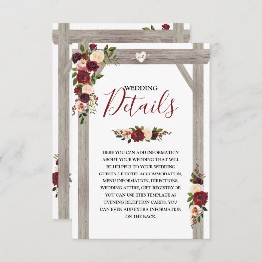 Rustieke Bourgogne Bloemen Trouwdetails Informatiekaartje (Voorkant / Achterkant)