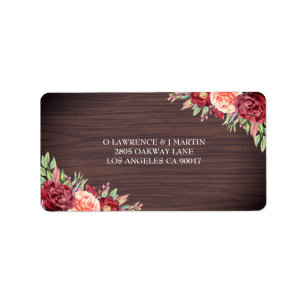 Rustieke Bourgogne Bloemen Waterverf Bruiloft Etiket