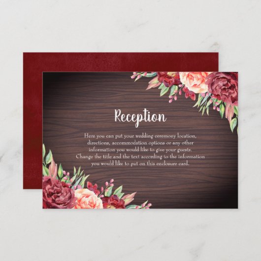 Rustieke Bourgogne Bloemen Waterverf Bruiloft Informatiekaartje (Voorkant / Achterkant)